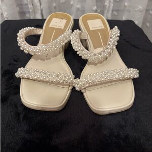 Dolce Vita Pearl-Embellished Sandals in Cream